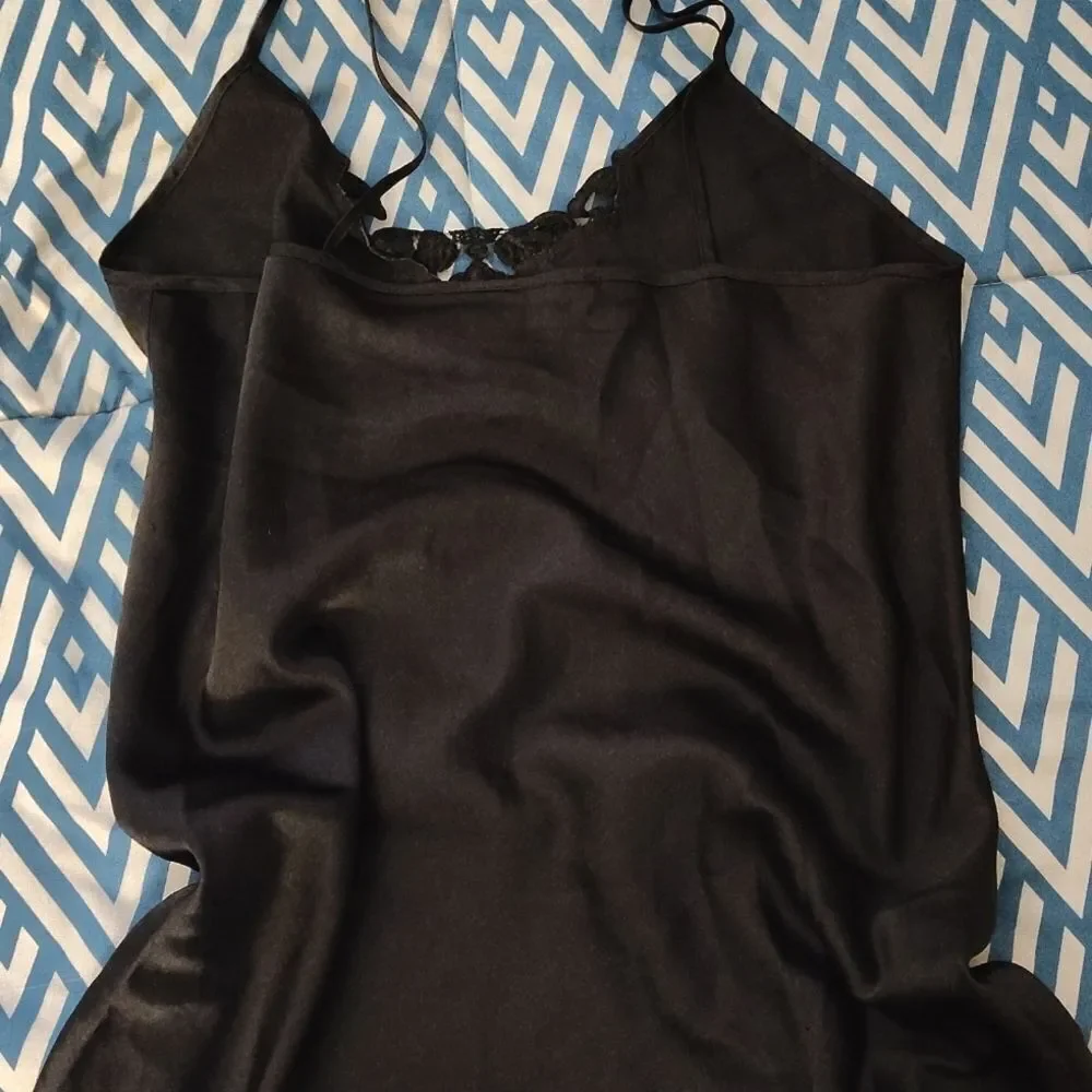 VTG 80s Black Satin Floral Crochet Mini Intimates Slip Dress Size Large - Picture 10 of 12